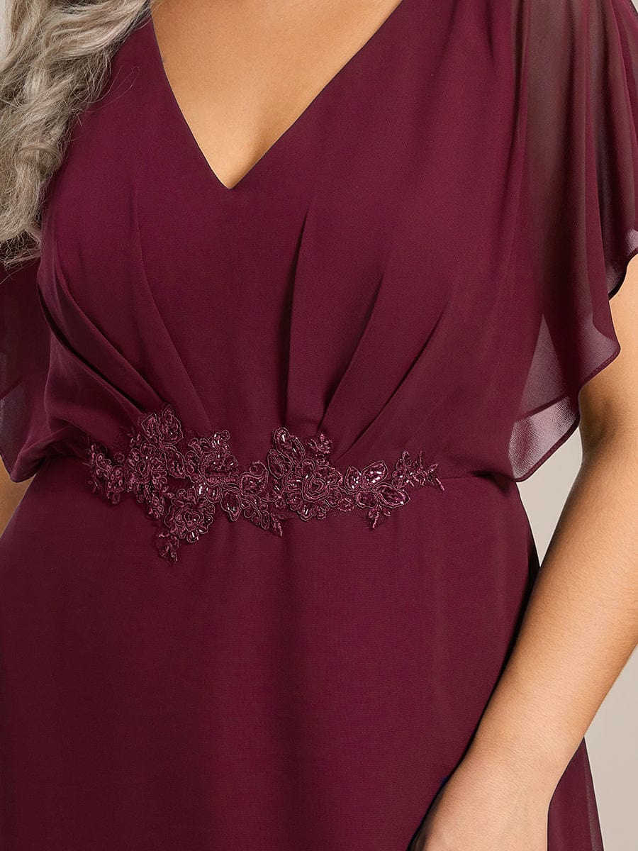 Plus Size V-Neck Chiffon Bat-Wing Sleeve A-Line Waist Applique Formal Dress #color_Burgundy