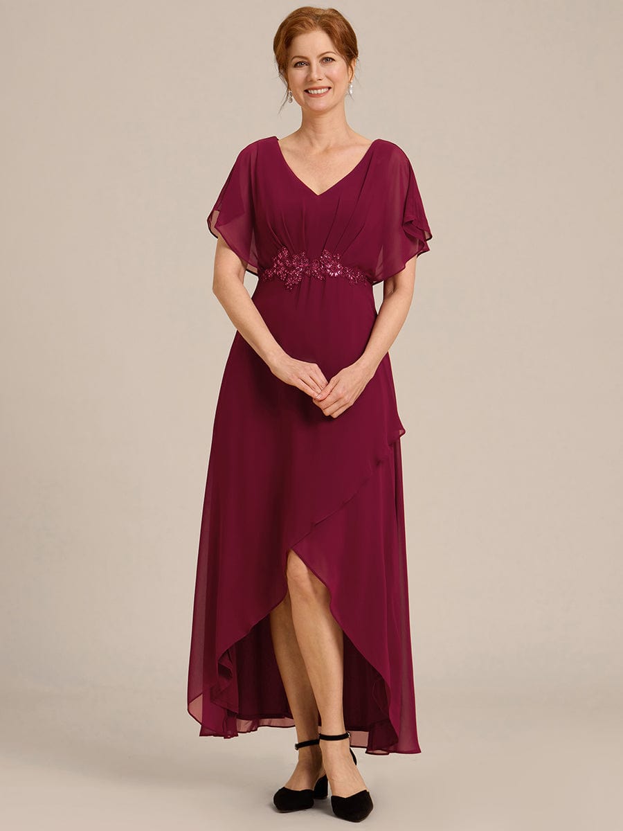 Plus Size V-Neck Chiffon Bat-Wing Sleeve A-Line Waist Applique Formal Dress #color_Burgundy