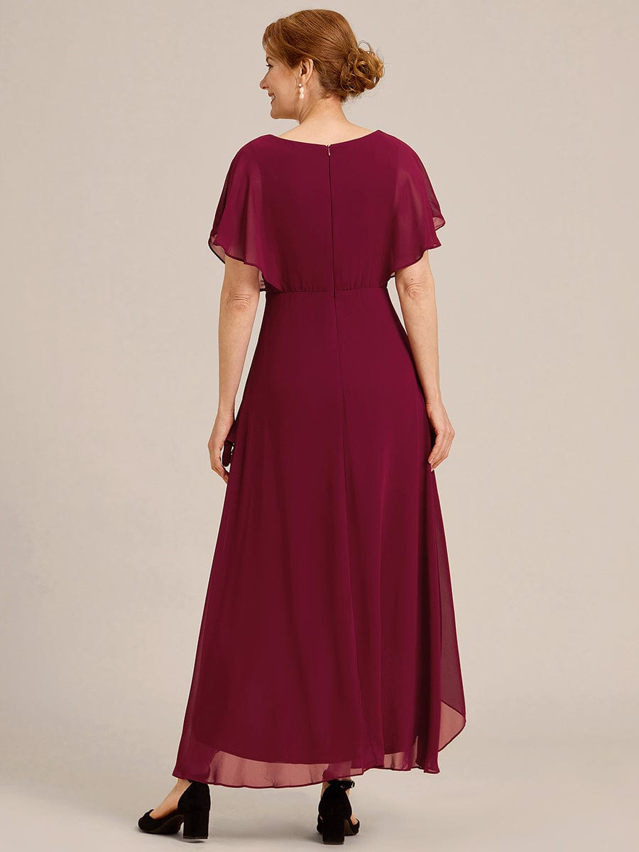 Plus Size V-Neck Chiffon Bat-Wing Sleeve A-Line Waist Applique Formal Dress #color_Burgundy