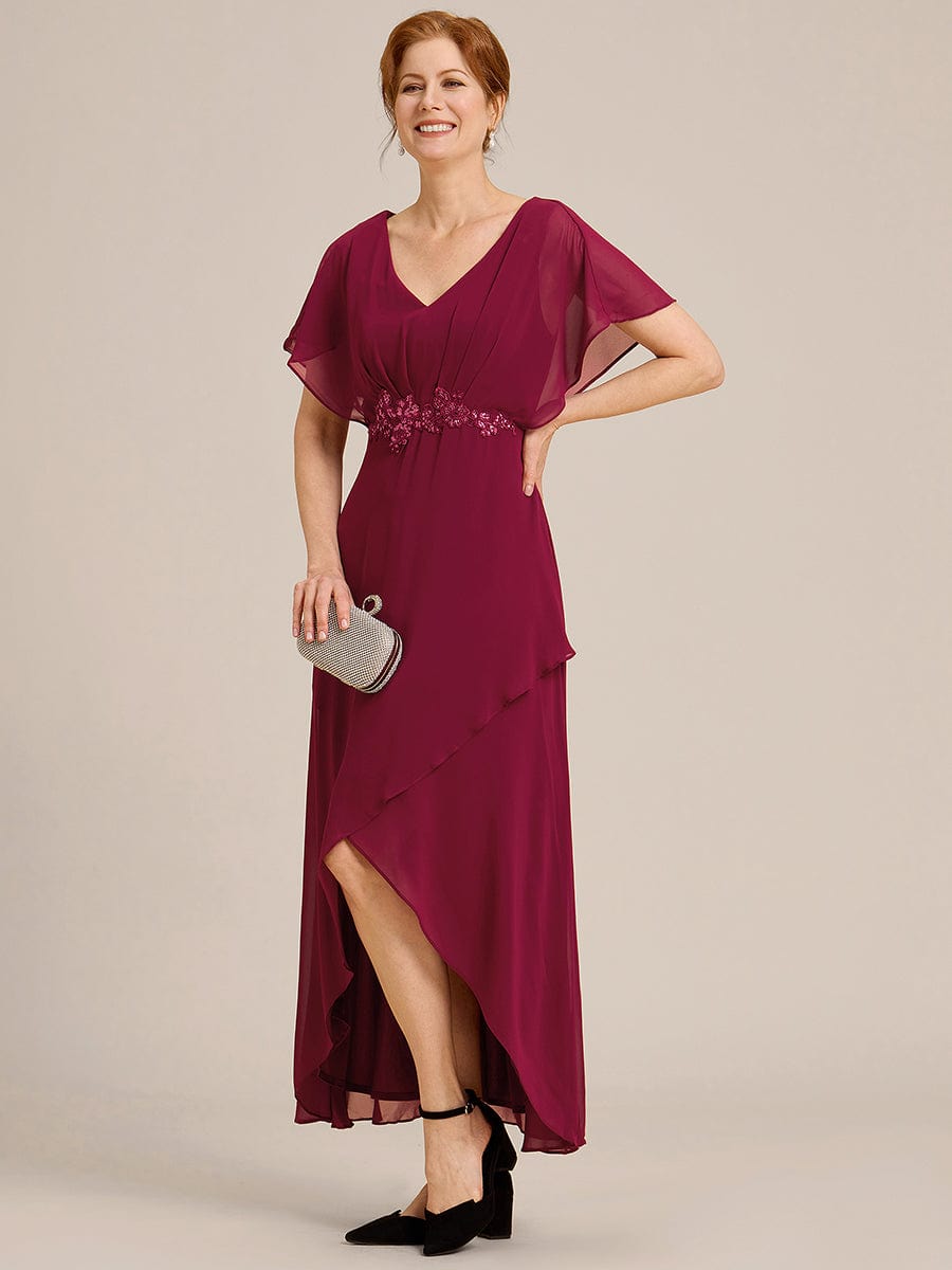 Plus Size V-Neck Chiffon Bat-Wing Sleeve A-Line Waist Applique Formal Dress #color_Burgundy