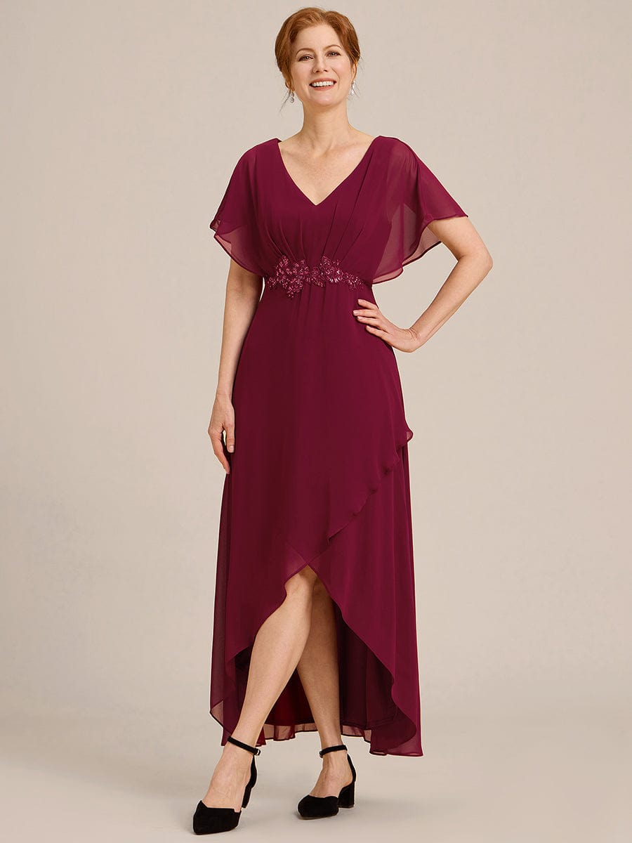 Plus Size V-Neck Chiffon Bat-Wing Sleeve A-Line Waist Applique Formal Dress #color_Burgundy