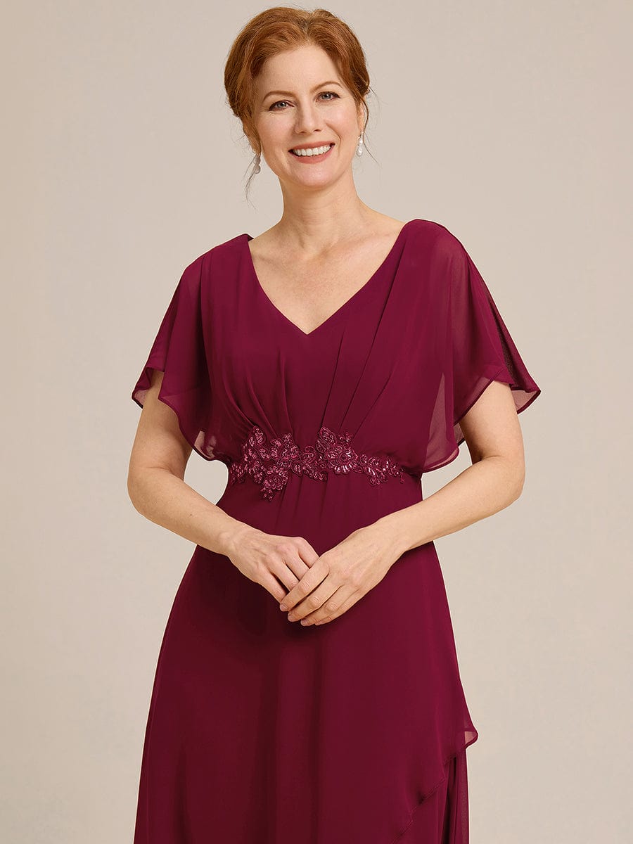 Plus Size V-Neck Chiffon Bat-Wing Sleeve A-Line Waist Applique Formal Dress #color_Burgundy