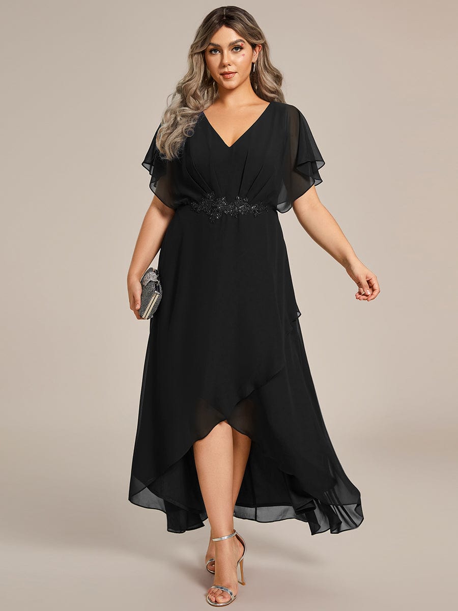 Elegant Short Sleeves A-Line Waist Applique Formal Dress with Lotus Leaf Hem #color_Black