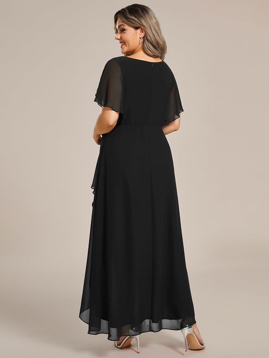 Elegant Short Sleeves A-Line Waist Applique Formal Dress with Lotus Leaf Hem #color_Black