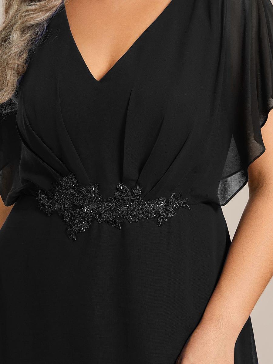 Elegant Short Sleeves A-Line Waist Applique Formal Dress with Lotus Leaf Hem #color_Black