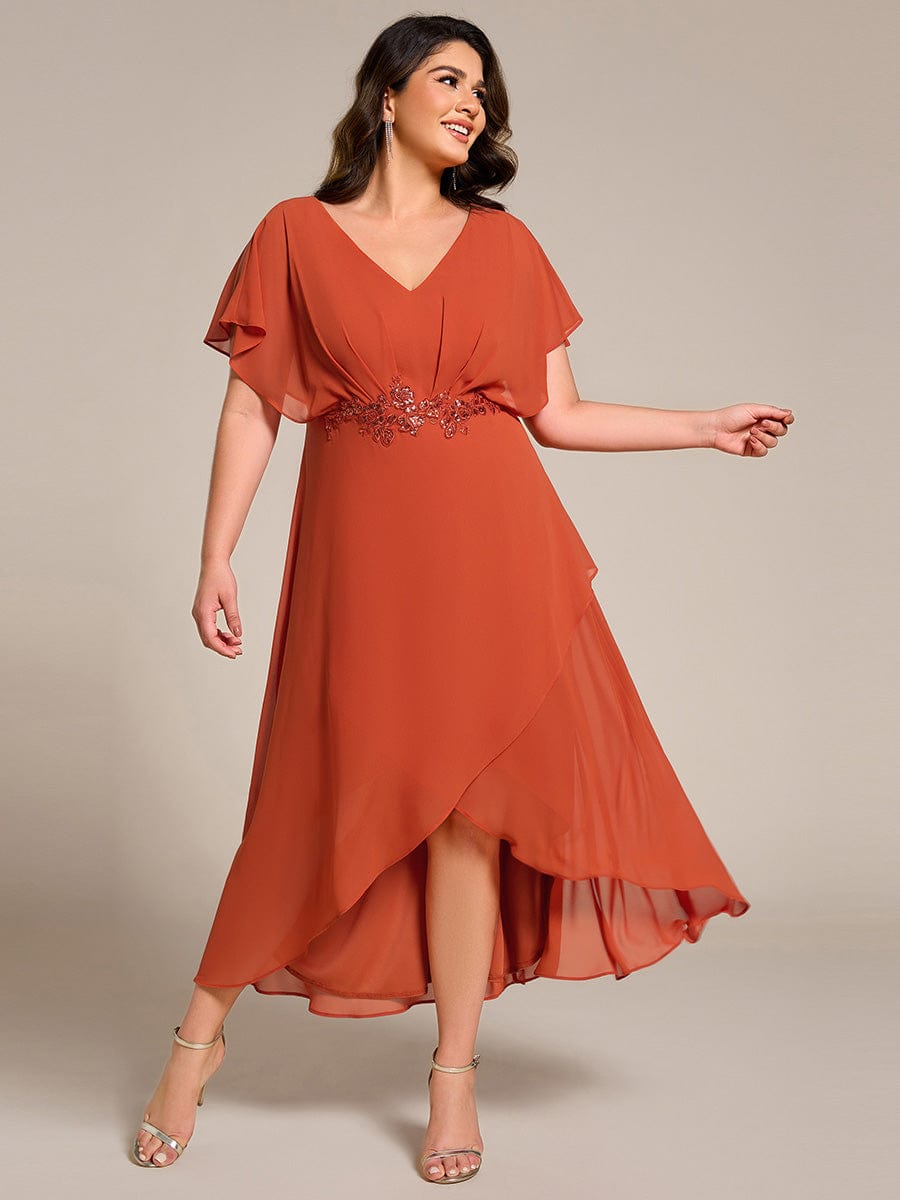 Plus Size V-Neck Chiffon Bat-Wing Sleeve A-Line Waist Applique Formal Dress #color_Burnt Orange