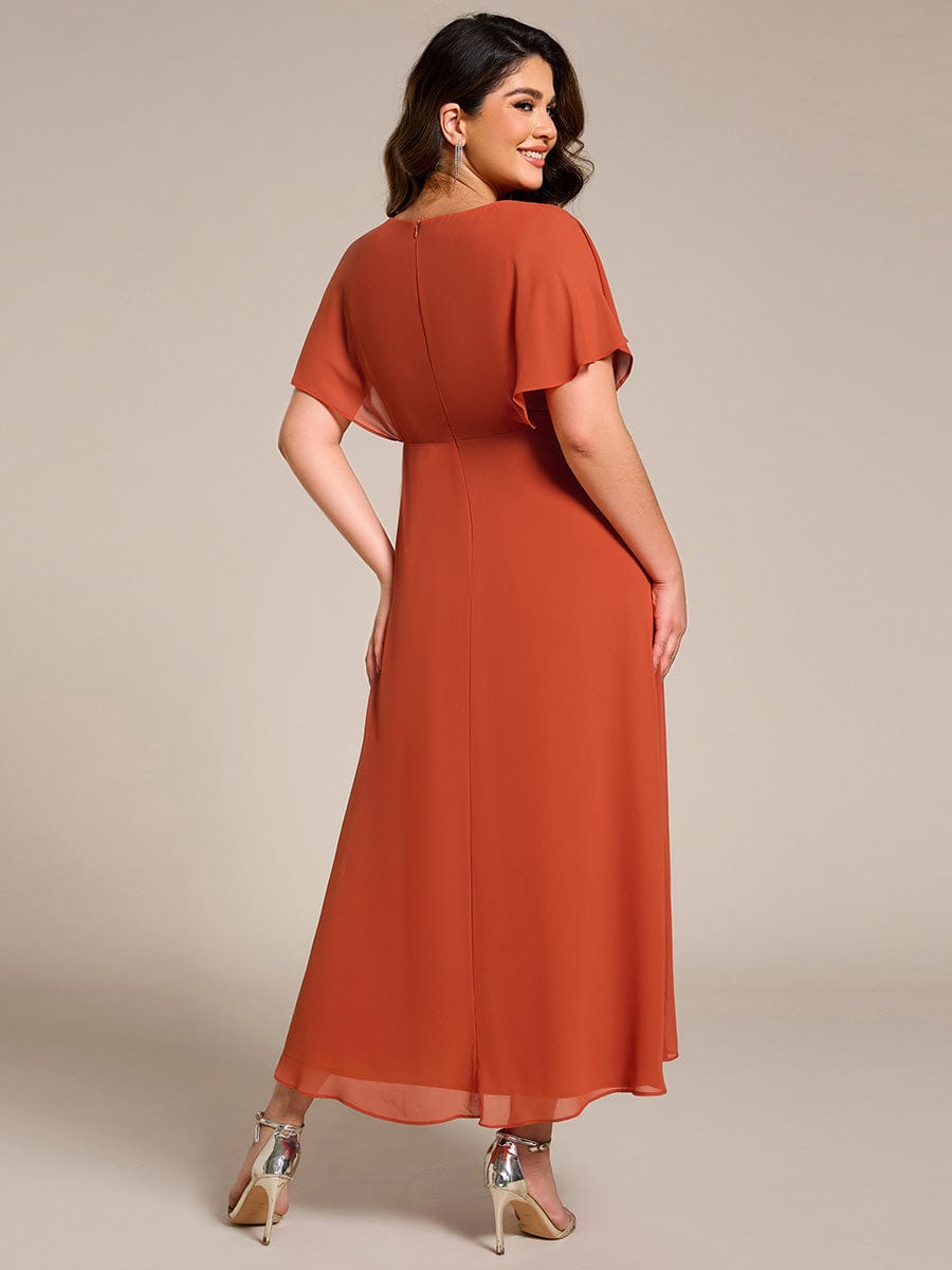 Plus Size V-Neck Chiffon Bat-Wing Sleeve A-Line Waist Applique Formal Dress #color_Burnt Orange