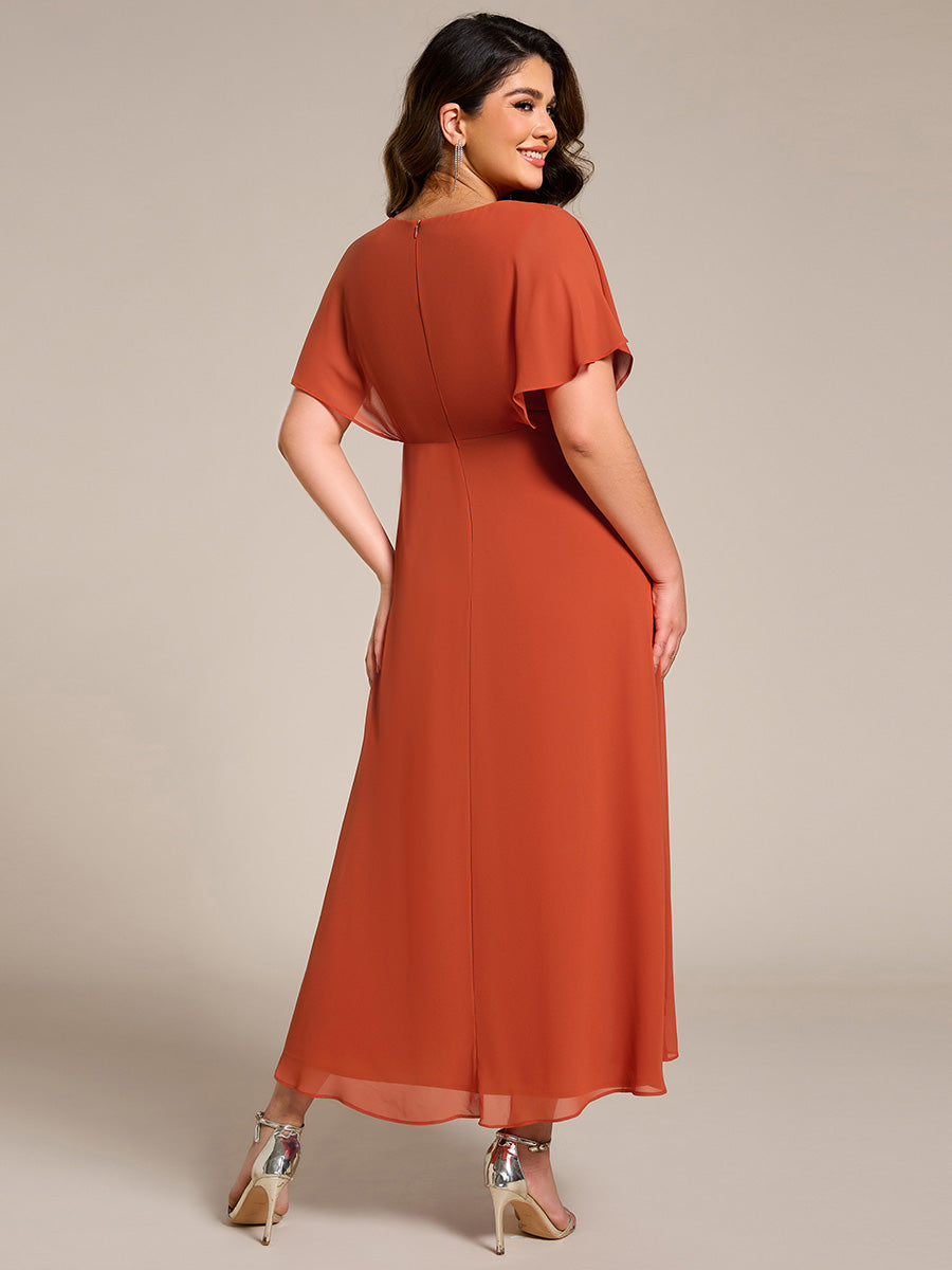 Plus Size V-Neck Chiffon Bat-Wing Sleeve A-Line Waist Applique Formal Dress #color_Burnt Orange