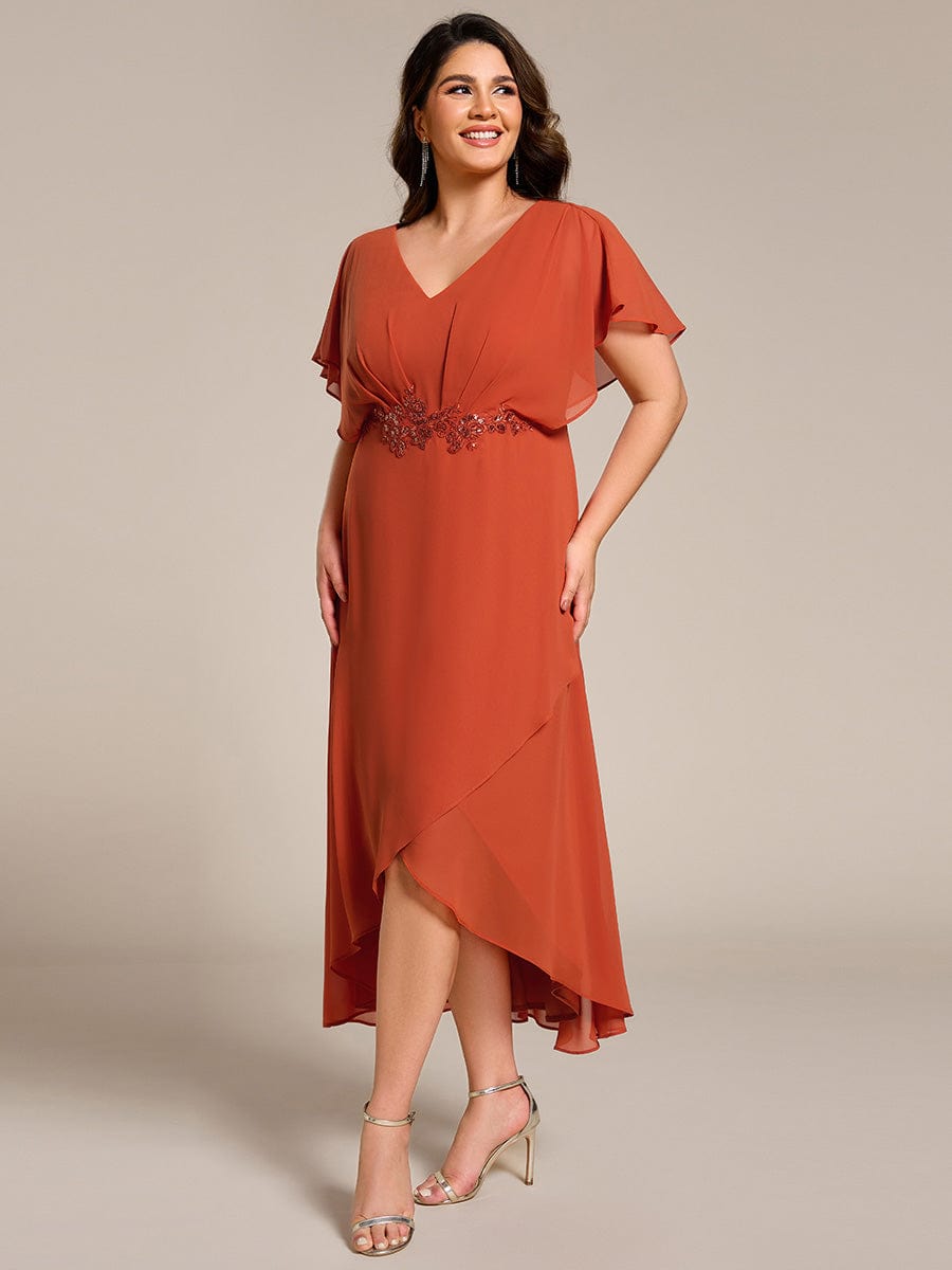 Plus Size V-Neck Chiffon Bat-Wing Sleeve A-Line Waist Applique Formal Dress #color_Burnt Orange