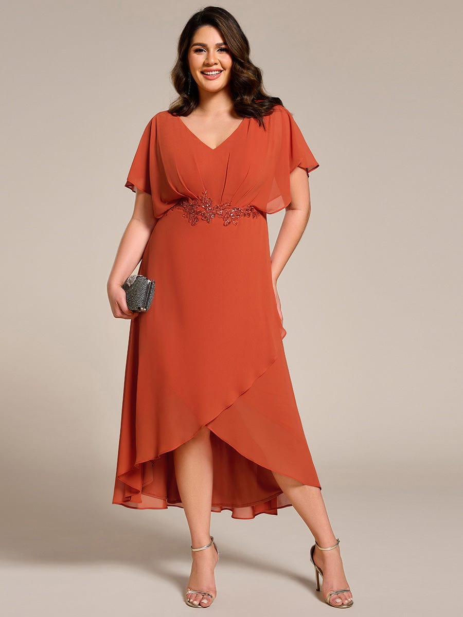 Plus Size V-Neck Chiffon Bat-Wing Sleeve A-Line Waist Applique Formal Dress #color_Burnt Orange