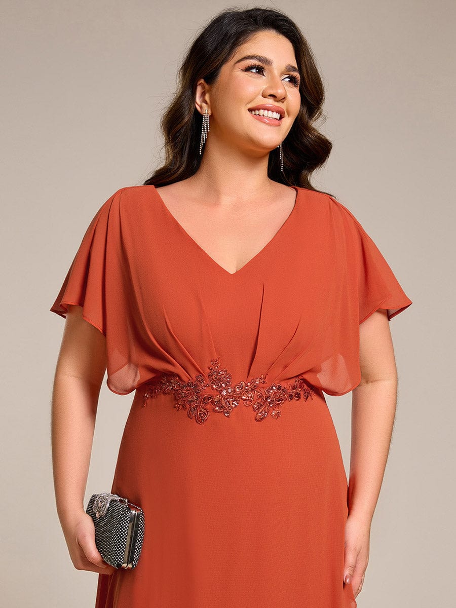 Plus Size V-Neck Chiffon Bat-Wing Sleeve A-Line Waist Applique Formal Dress #color_Burnt Orange