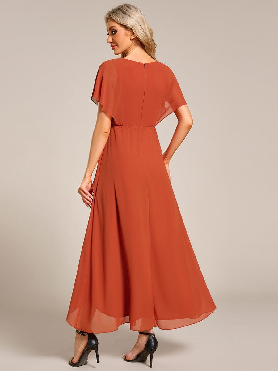 Plus Size V-Neck Chiffon Bat-Wing Sleeve A-Line Waist Applique Formal Dress #color_Burnt Orange