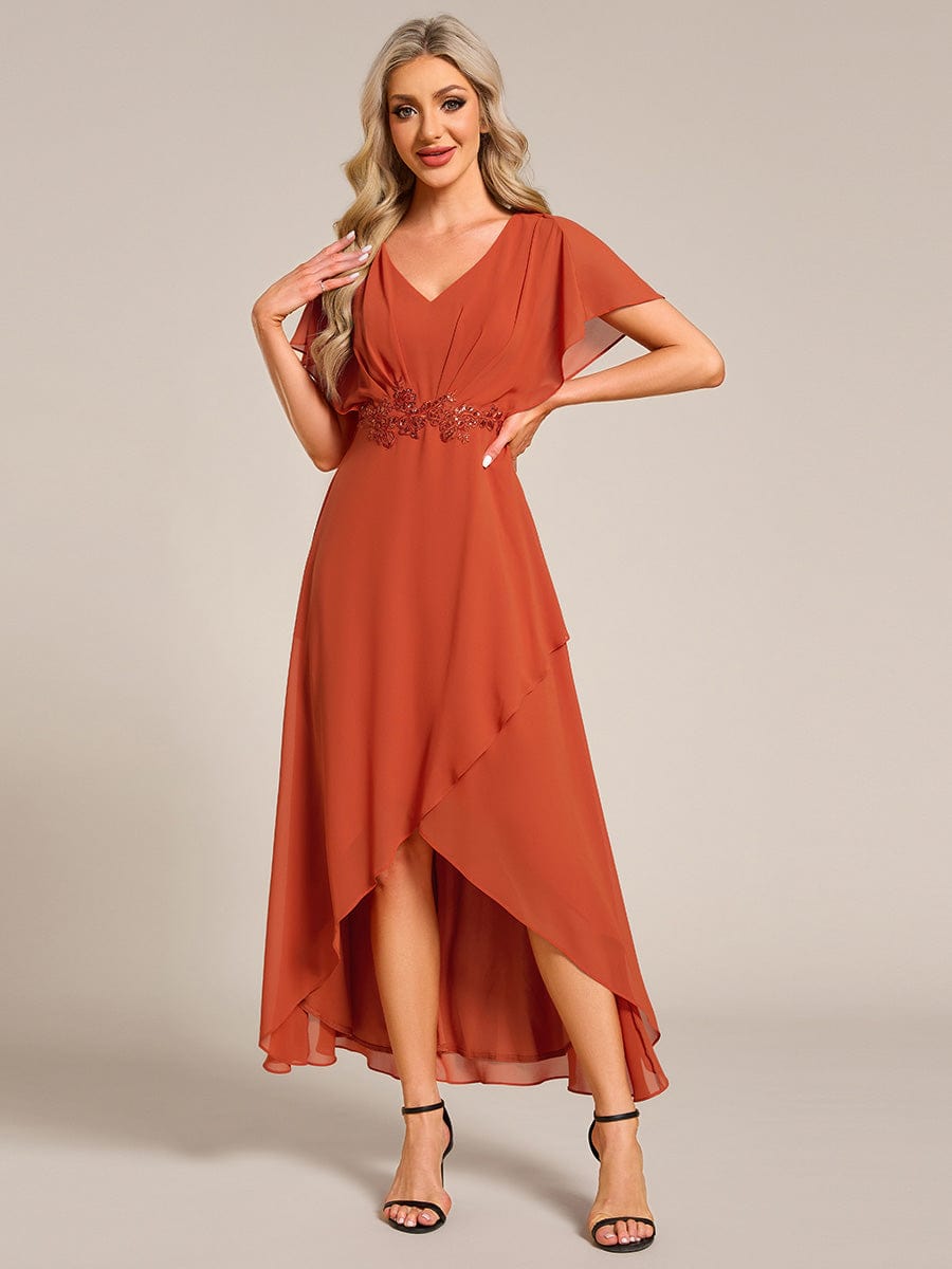 Plus Size V-Neck Chiffon Bat-Wing Sleeve A-Line Waist Applique Formal Dress #color_Burnt Orange