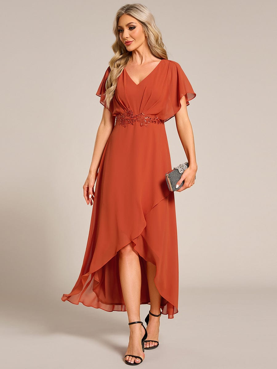 Plus Size V-Neck Chiffon Bat-Wing Sleeve A-Line Waist Applique Formal Dress #color_Burnt Orange