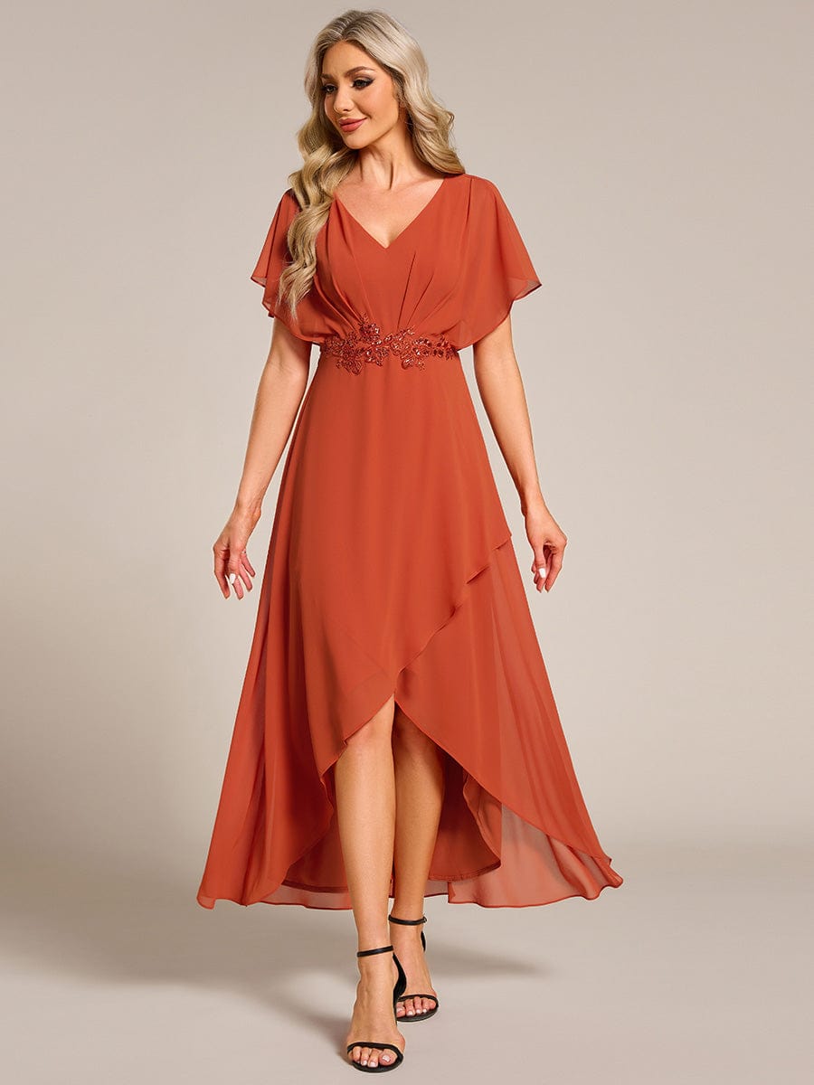 Plus Size V-Neck Chiffon Bat-Wing Sleeve A-Line Waist Applique Formal Dress #color_Burnt Orange