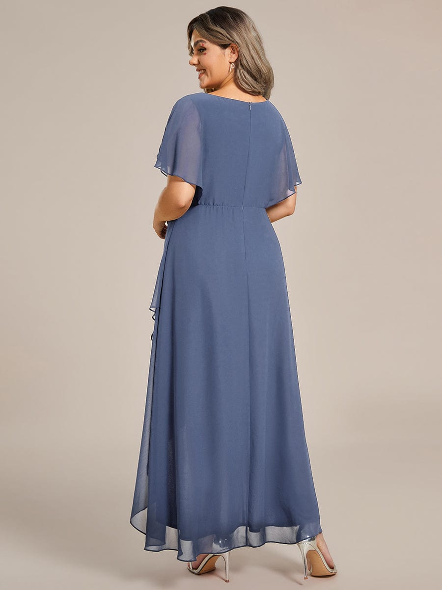 Plus Size V-Neck Chiffon Bat-Wing Sleeve A-Line Waist Applique Formal Dress #color_Dusty Blue