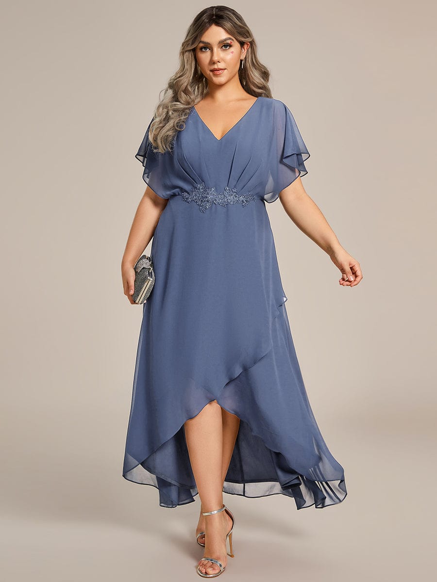 Plus Size V-Neck Chiffon Bat-Wing Sleeve A-Line Waist Applique Formal Dress #color_Dusty Blue