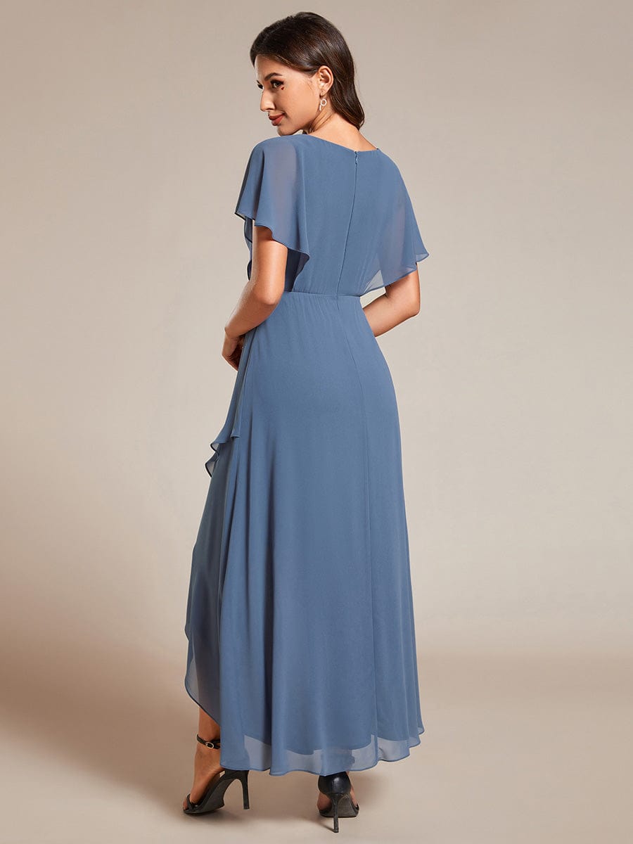 Plus Size V-Neck Chiffon Bat-Wing Sleeve A-Line Waist Applique Formal Dress #color_Dusty Blue