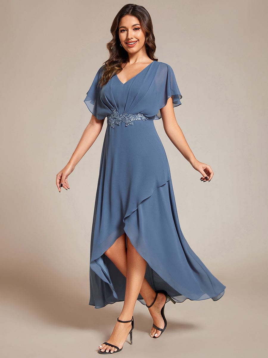 Plus Size V-Neck Chiffon Bat-Wing Sleeve A-Line Waist Applique Formal Dress #color_Dusty Blue