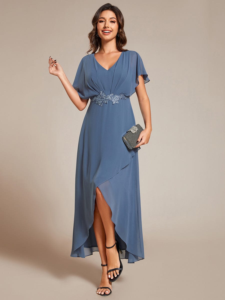 Plus Size V-Neck Chiffon Bat-Wing Sleeve A-Line Waist Applique Formal Dress #color_Dusty Blue