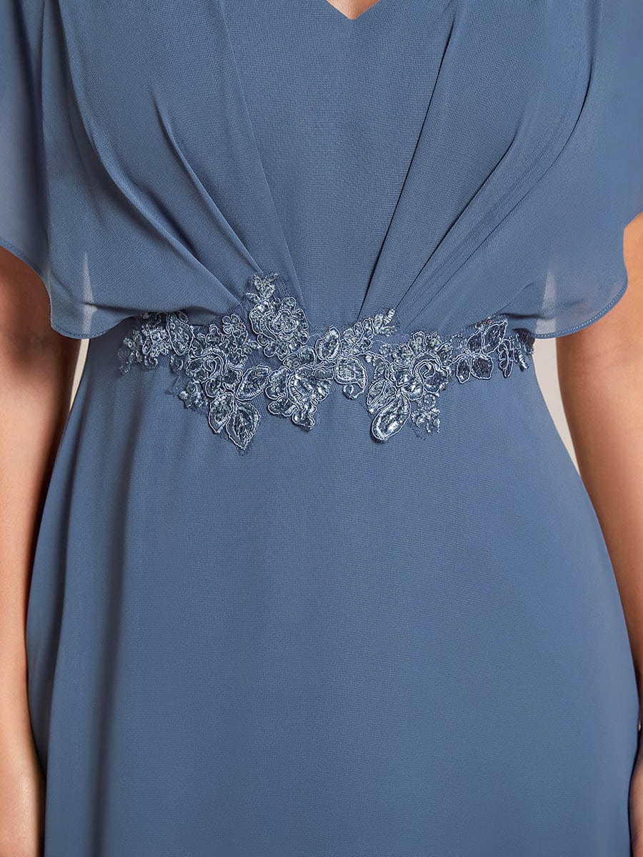 Plus Size V-Neck Chiffon Bat-Wing Sleeve A-Line Waist Applique Formal Dress #color_Dusty Blue