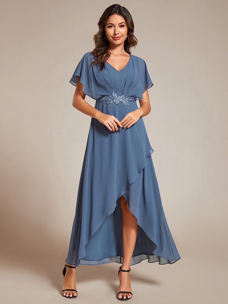 Plus Size V-Neck Chiffon Bat-Wing Sleeve A-Line Waist Applique Formal Dress #color_Dusty Blue