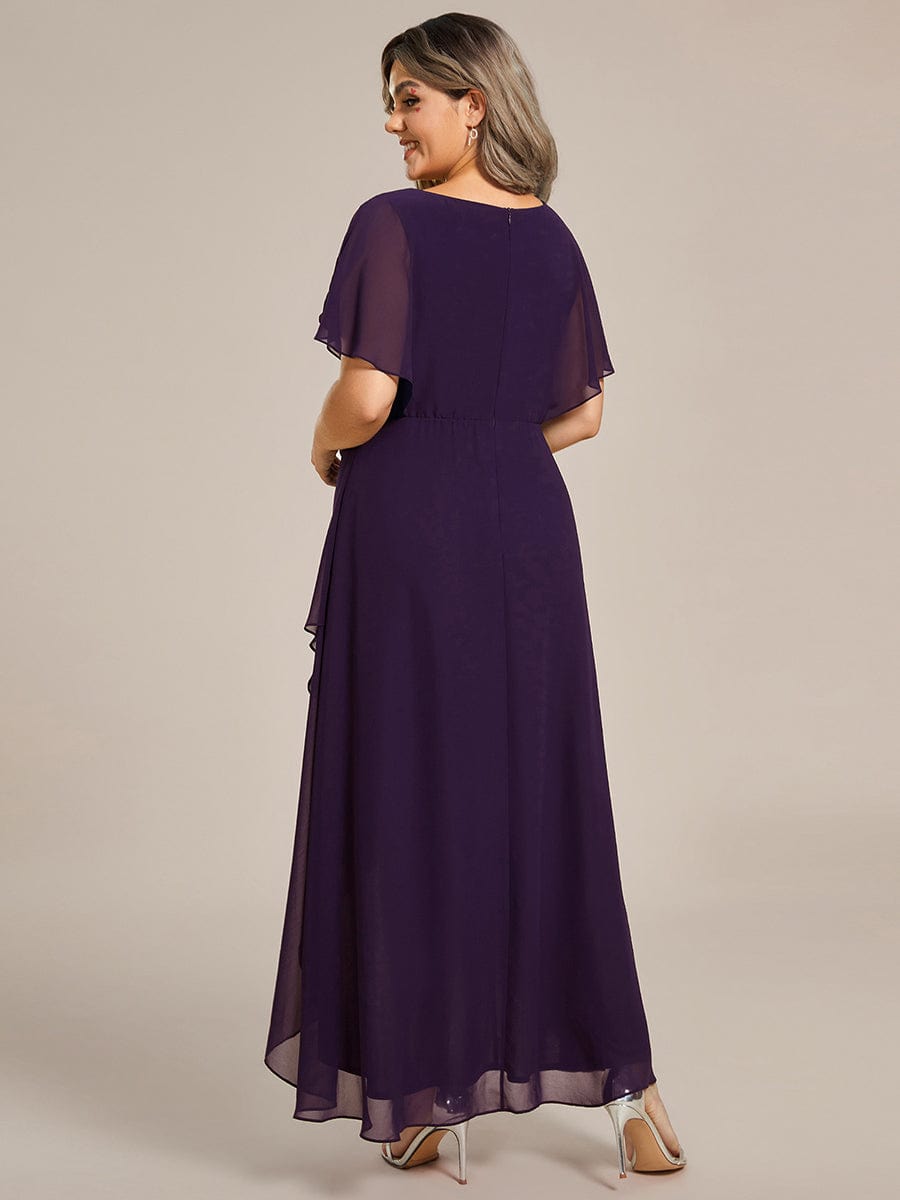 Plus Size V-Neck Chiffon Bat-Wing Sleeve A-Line Waist Applique Formal Dress #color_Dark Purple