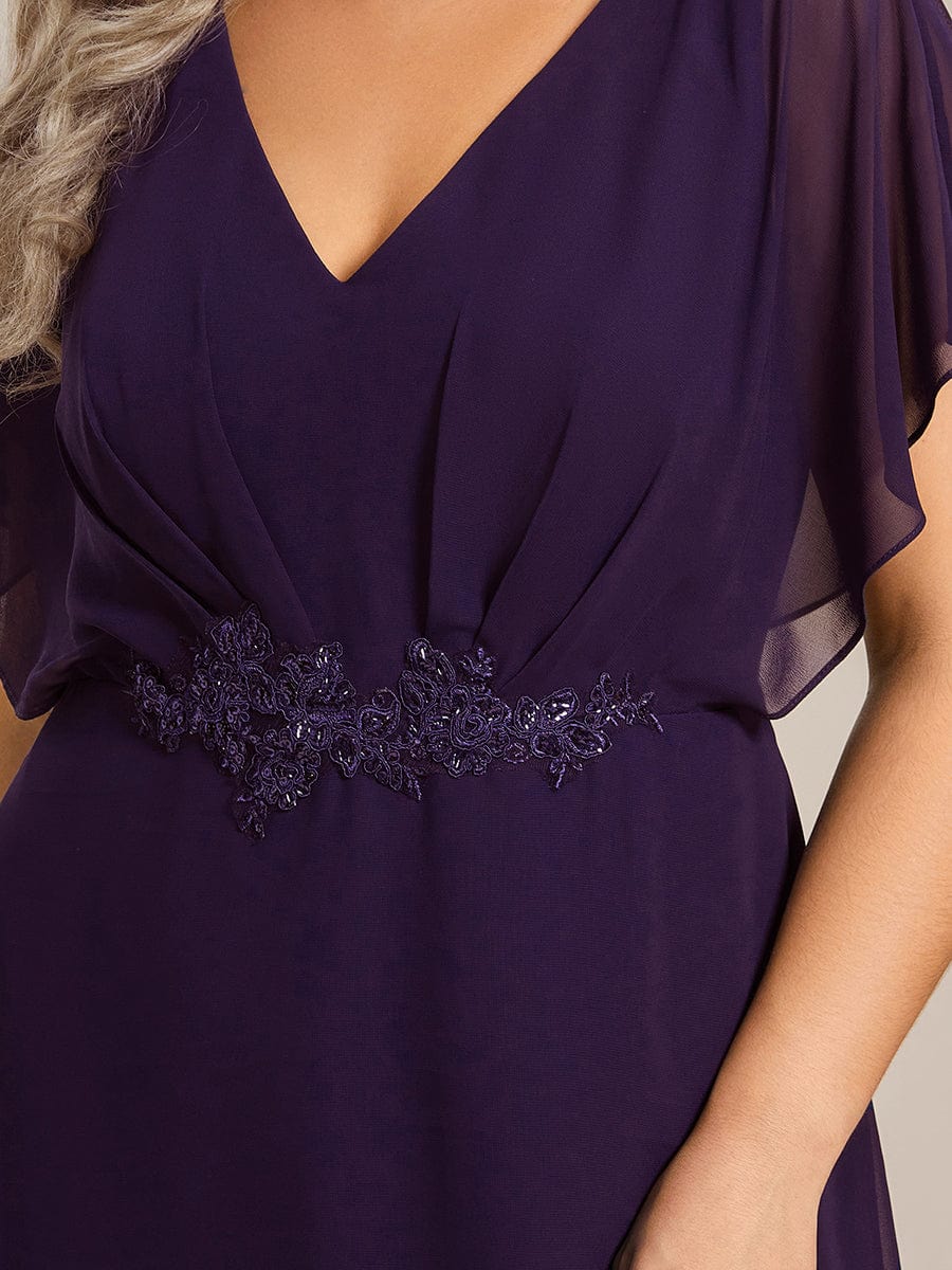 Plus Size V-Neck Chiffon Bat-Wing Sleeve A-Line Waist Applique Formal Dress #color_Dark Purple