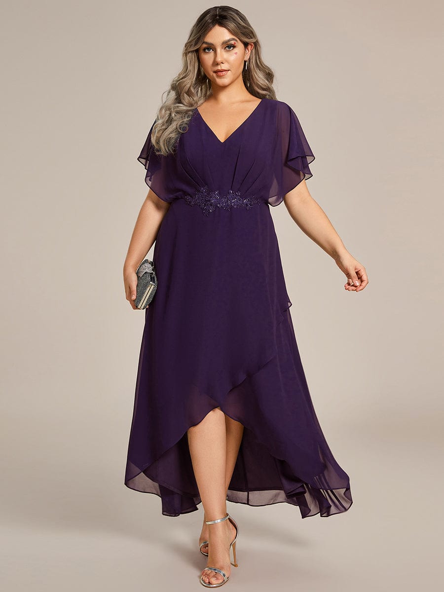 Plus Size V-Neck Chiffon Bat-Wing Sleeve A-Line Waist Applique Formal Dress #color_Dark Purple