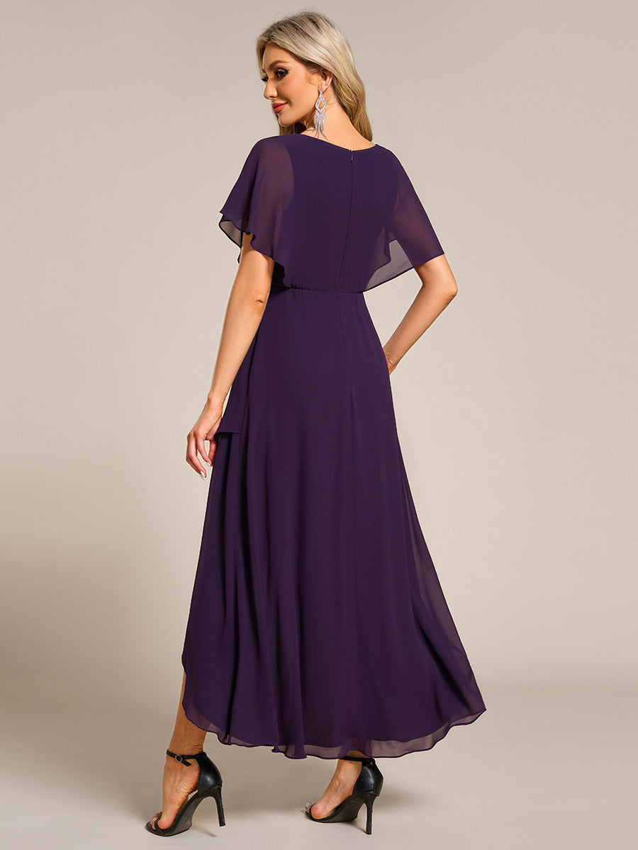 Plus Size V-Neck Chiffon Bat-Wing Sleeve A-Line Waist Applique Formal Dress #color_Dark Purple