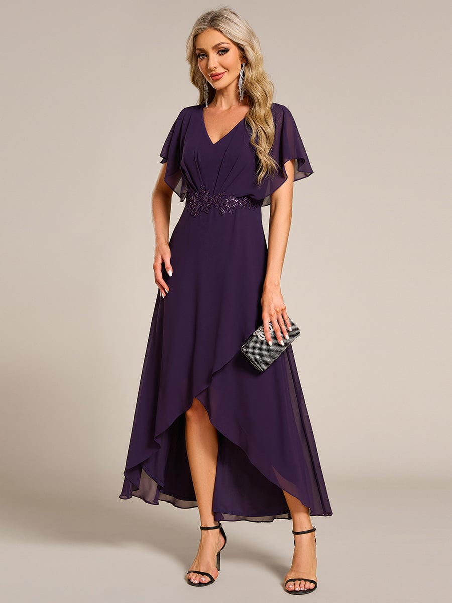 Plus Size V-Neck Chiffon Bat-Wing Sleeve A-Line Waist Applique Formal Dress #color_Dark Purple