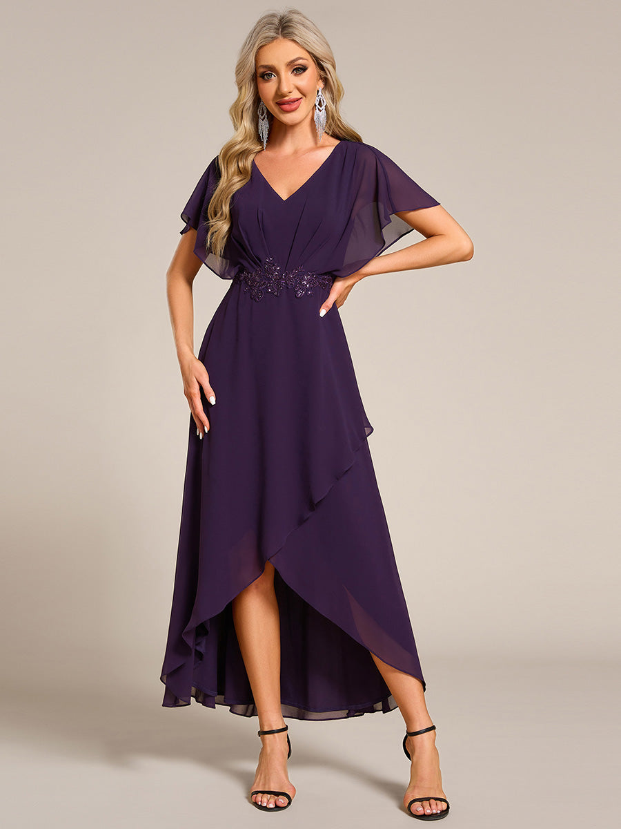 Plus Size V-Neck Chiffon Bat-Wing Sleeve A-Line Waist Applique Formal Dress #color_Dark Purple