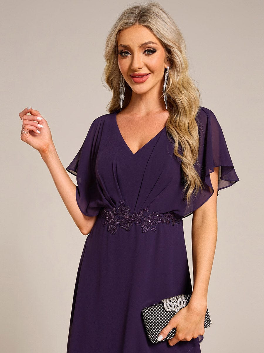 Plus Size V-Neck Chiffon Bat-Wing Sleeve A-Line Waist Applique Formal Dress #color_Dark Purple