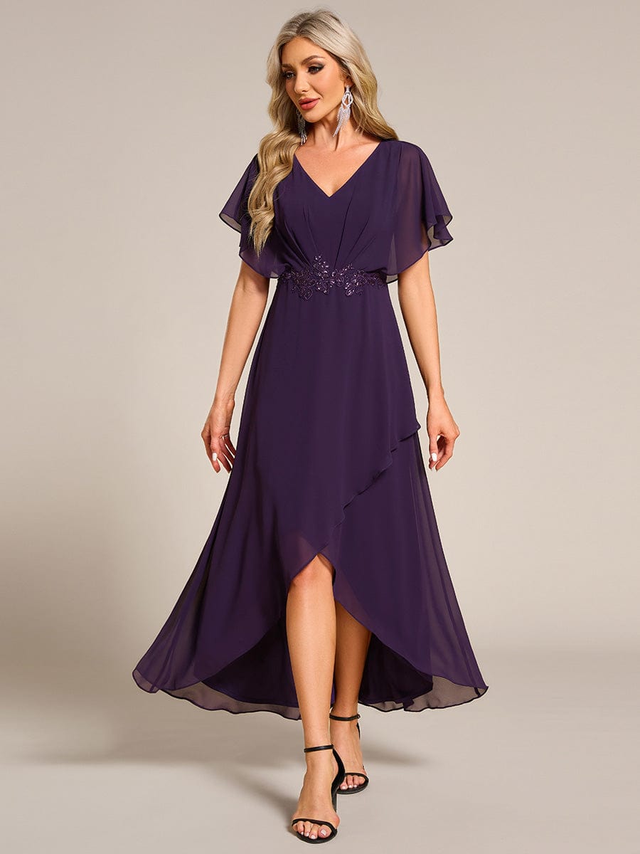 Plus Size V-Neck Chiffon Bat-Wing Sleeve A-Line Waist Applique Formal Dress #color_Dark Purple