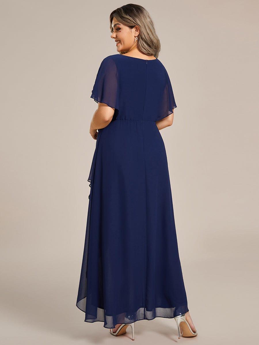 Elegant Short Sleeves A-Line Waist Applique Formal Dress with Lotus Leaf Hem #color_Navy Blue