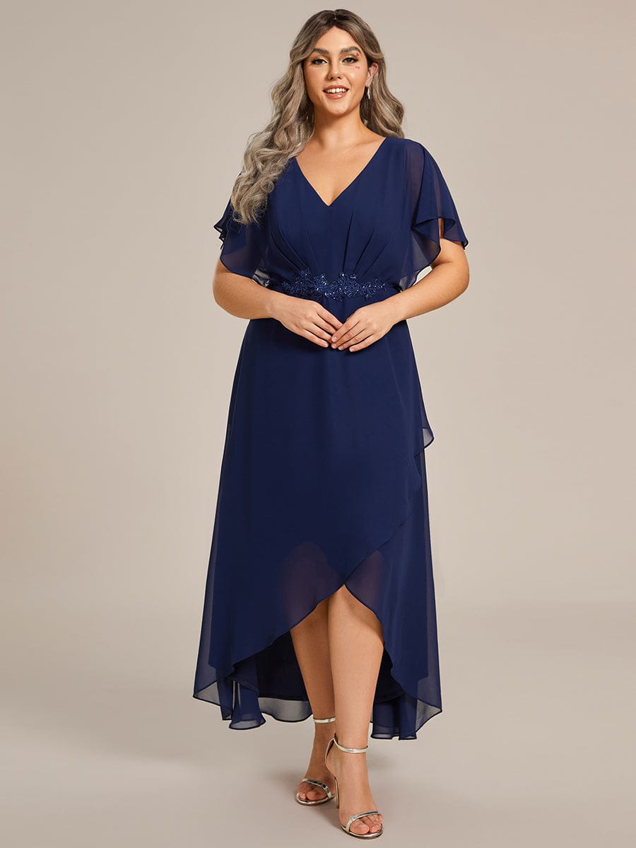 Elegant Short Sleeves A-Line Waist Applique Formal Dress with Lotus Leaf Hem #color_Navy Blue