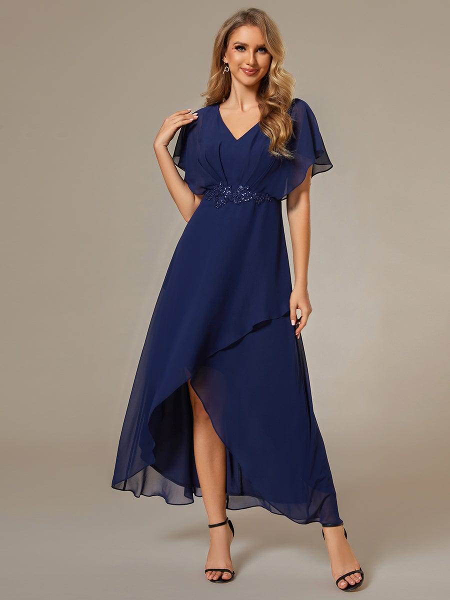 Elegant Short Sleeves A-Line Waist Applique Formal Dress with Lotus Leaf Hem #color_Navy Blue