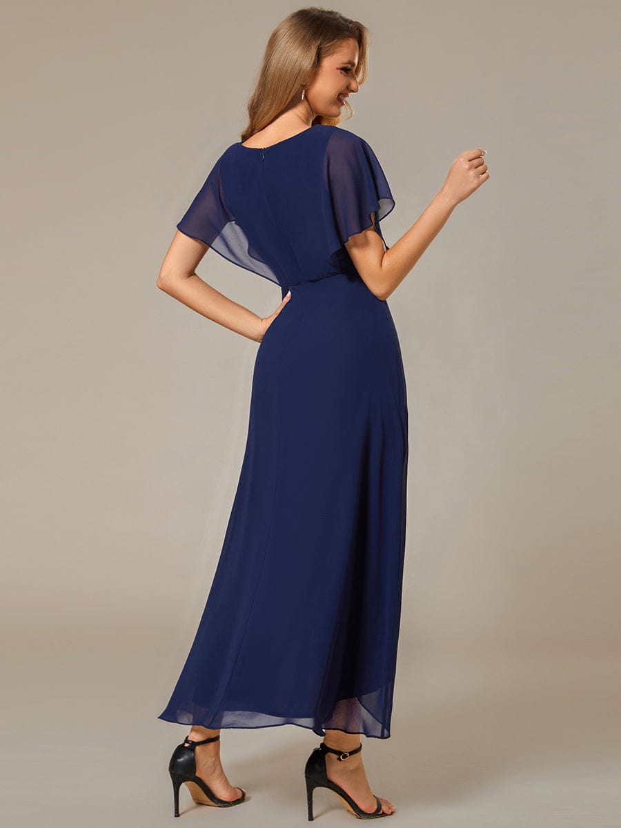 Elegant Short Sleeves A-Line Waist Applique Formal Dress with Lotus Leaf Hem #color_Navy Blue