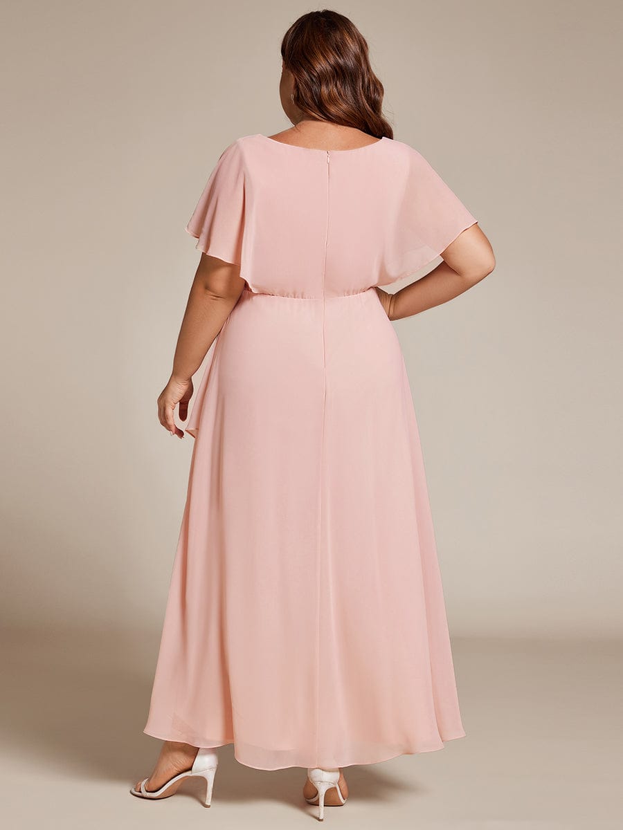 Plus Size V-Neck Chiffon Bat-Wing Sleeve A-Line Waist Applique Formal Dress #color_Pink