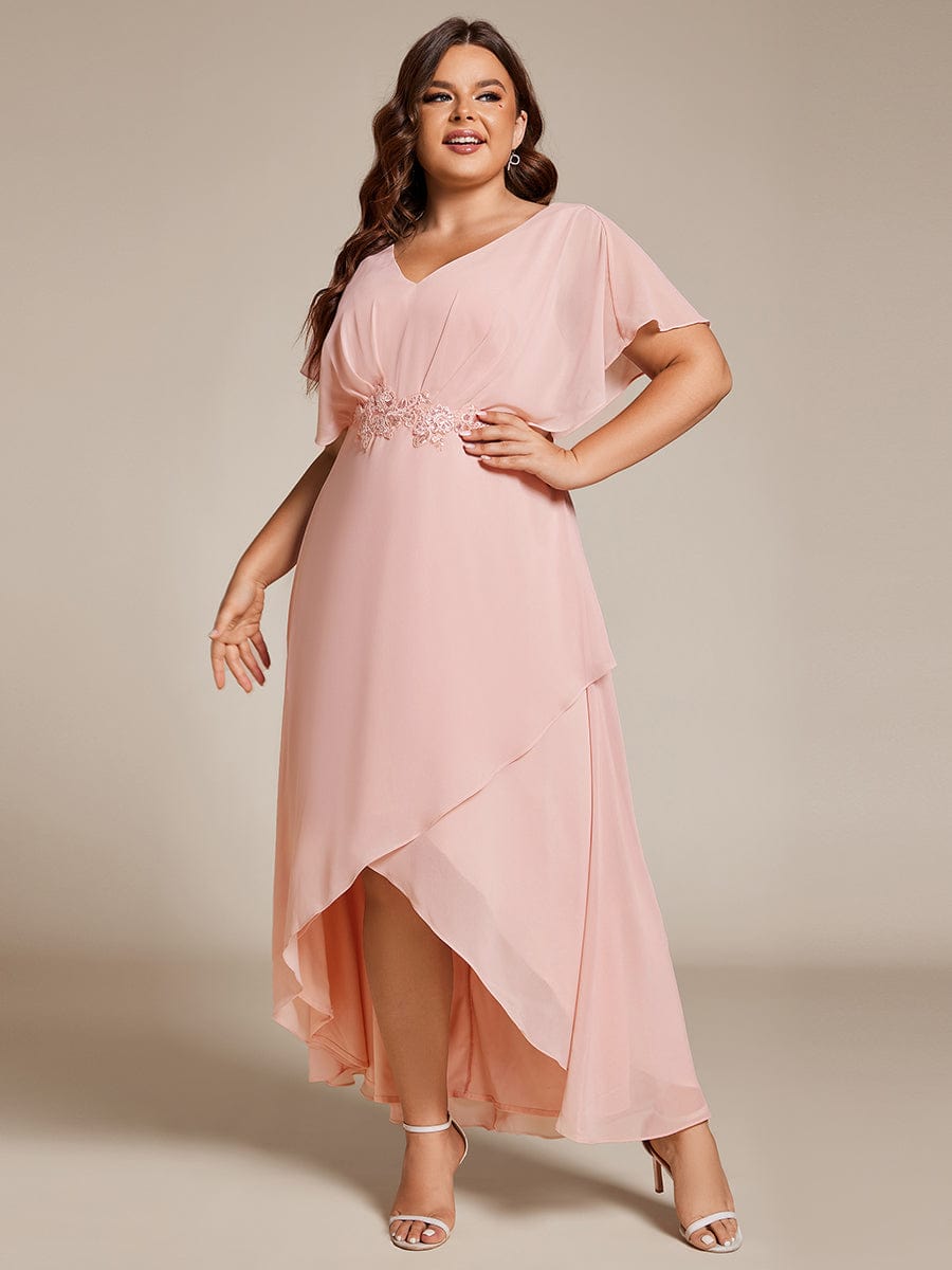 Plus Size V-Neck Chiffon Bat-Wing Sleeve A-Line Waist Applique Formal Dress #color_Pink