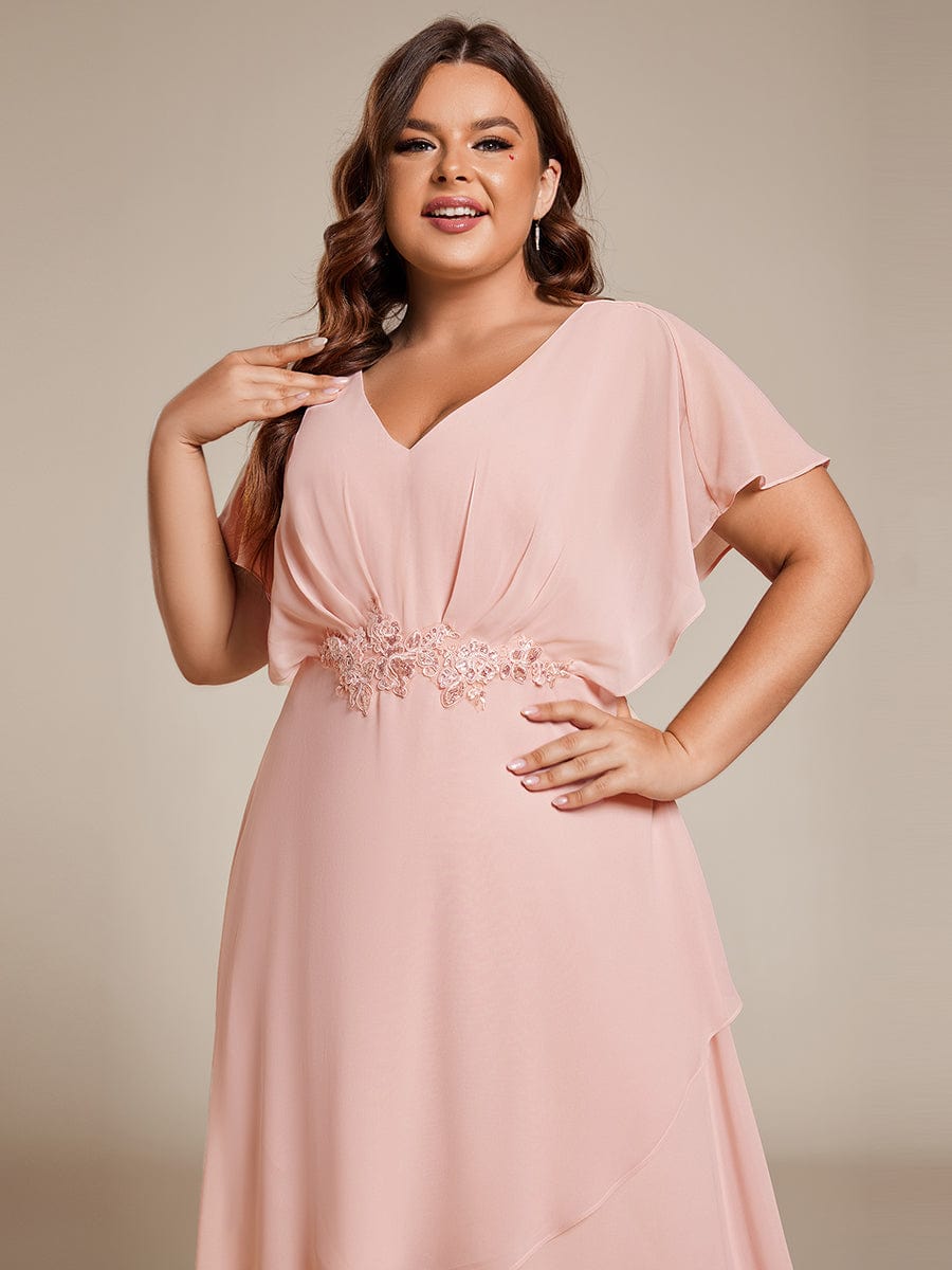 Plus Size V-Neck Chiffon Bat-Wing Sleeve A-Line Waist Applique Formal Dress #color_Pink