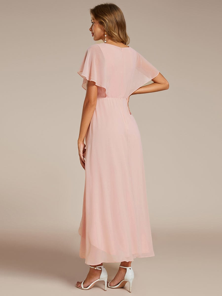 Elegant Short Sleeves A-Line Waist Applique Formal Dress with Lotus Leaf Hem #color_Pink