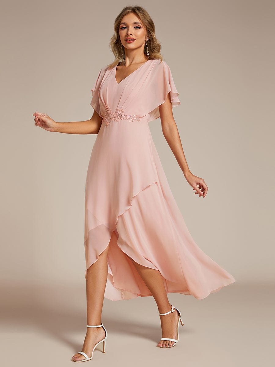 Elegant Short Sleeves A-Line Waist Applique Formal Dress with Lotus Leaf Hem #color_Pink