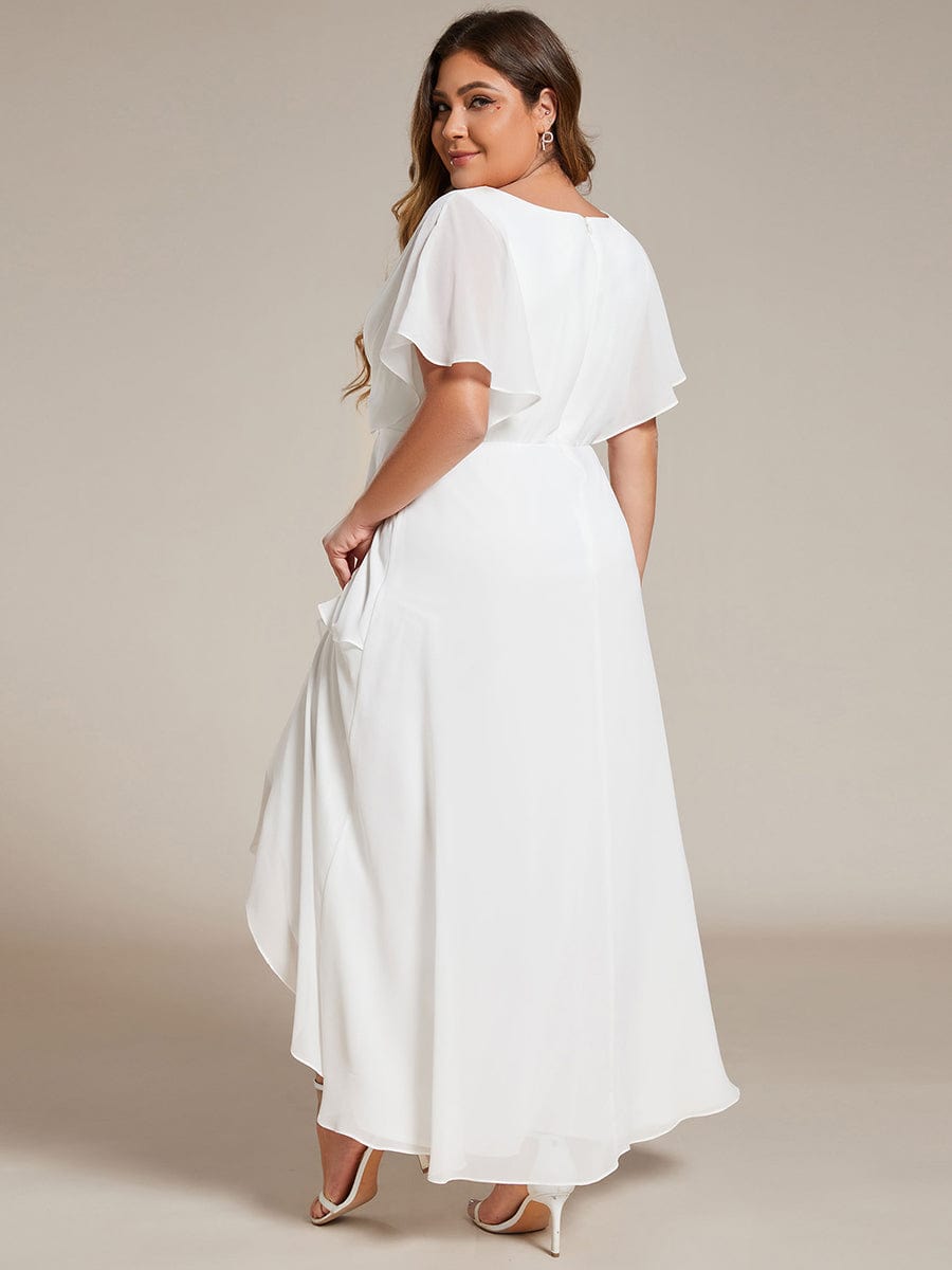 Plus Size V-Neck Chiffon Bat-Wing Sleeve A-Line Waist Applique Formal Dress #color_White