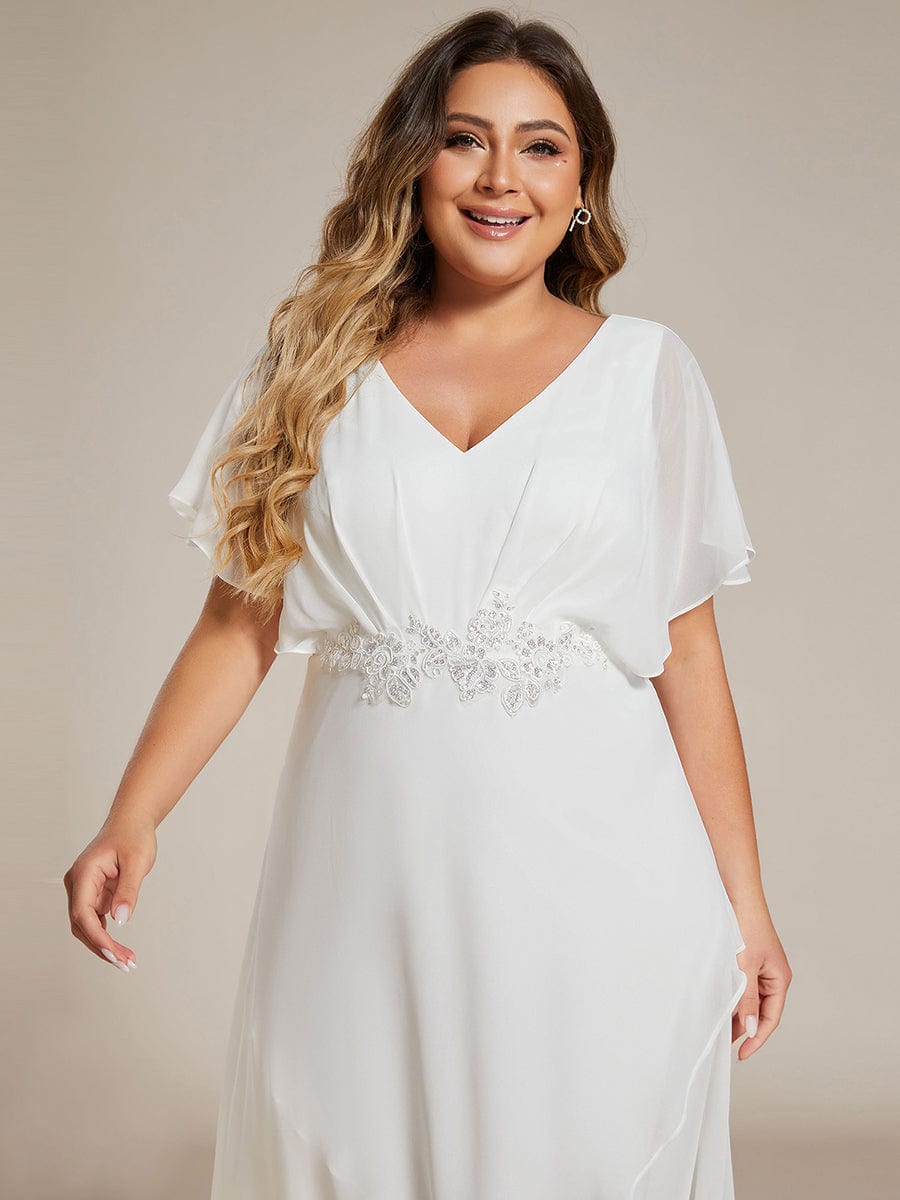 Plus Size V-Neck Chiffon Bat-Wing Sleeve A-Line Waist Applique Formal Dress #color_White