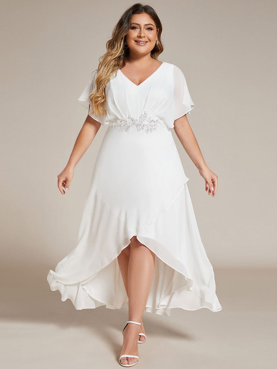 Plus Size V-Neck Chiffon Bat-Wing Sleeve A-Line Waist Applique Formal Dress #color_White