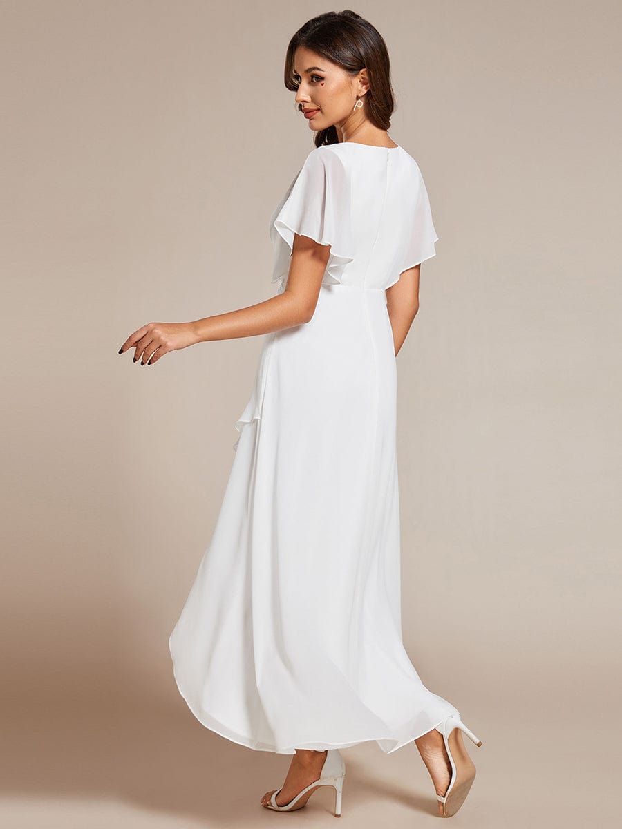 Plus Size V-Neck Chiffon Bat-Wing Sleeve A-Line Waist Applique Formal Dress #color_White