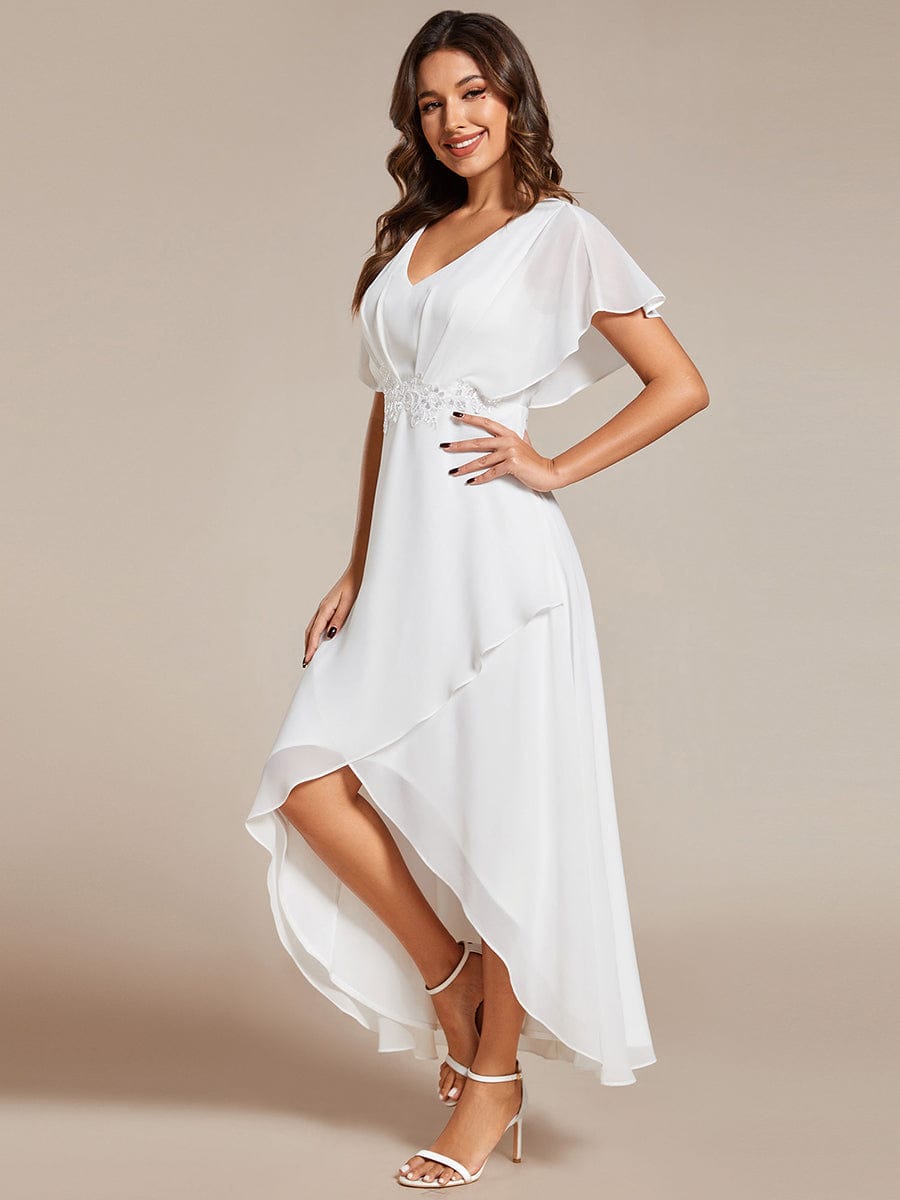 Plus Size V-Neck Chiffon Bat-Wing Sleeve A-Line Waist Applique Formal Dress #color_White