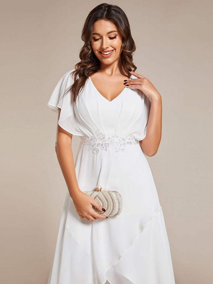 Plus Size V-Neck Chiffon Bat-Wing Sleeve A-Line Waist Applique Formal Dress #color_White