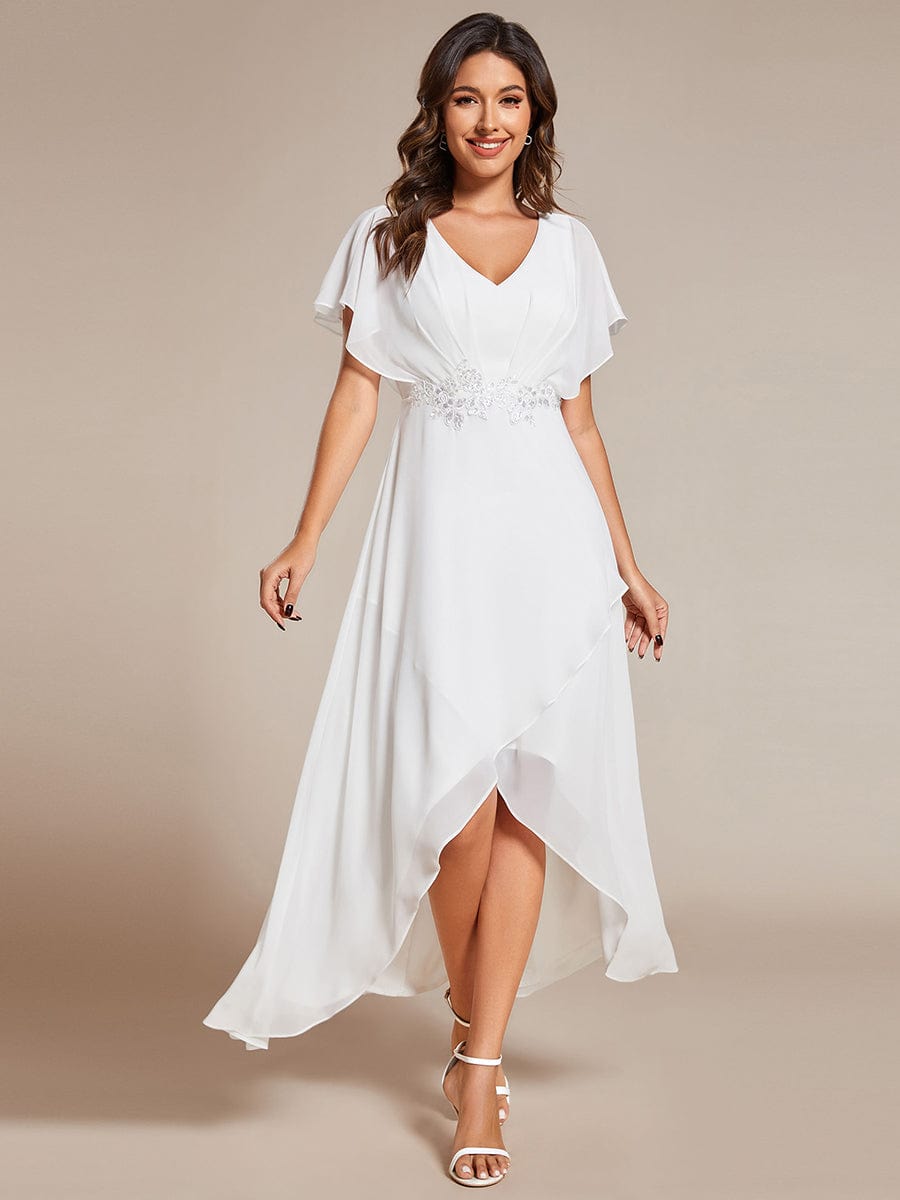 Plus Size V-Neck Chiffon Bat-Wing Sleeve A-Line Waist Applique Formal Dress #color_White